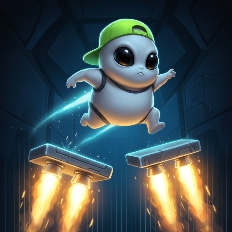 Jumper slot personaje alien con gorra verde saltando entre plataformas flotantes metálicas con propulsores de cohete y multiplicadores brillantes en ambiente espacial futurista